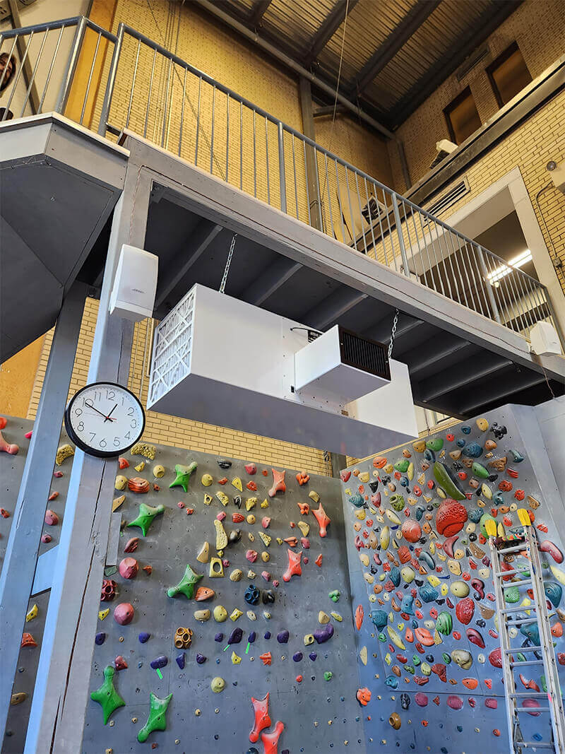 CleanLeaf OX3000 with dual micro-glass filters providing 8 air changes per hour in climbing gym.