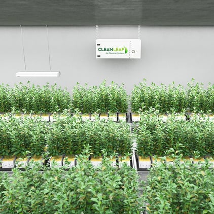 HEPA air scrubber removing mold, pollen, and airborne particulate in a commercial plant cultivation facility.
