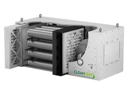 Multi-stage CleanLeaf carbon and HEPA air filtration unit with filters displayed showing pre-filter, carbon module, and HEPA afterfilter configuration.