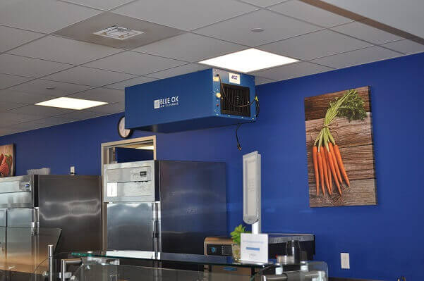Corporate asset management firm cafeteria with CleanLeaf odor elimination system maintaining professional atmosphere.