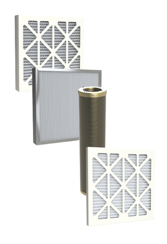 All-Inclusive Series filter setup showing HEPA-saving pre-filter, HEPA filtration 95% D.O.P. @ 0.3 microns, odor-absorbing carbon canisters, and pleated after-filter.