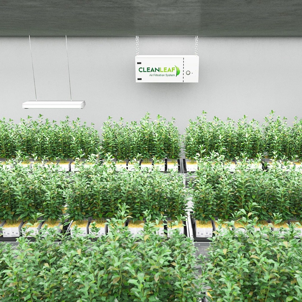 CleanLeaf HEPA air filtration unit installed in a commercial horticulture cultivation facility.