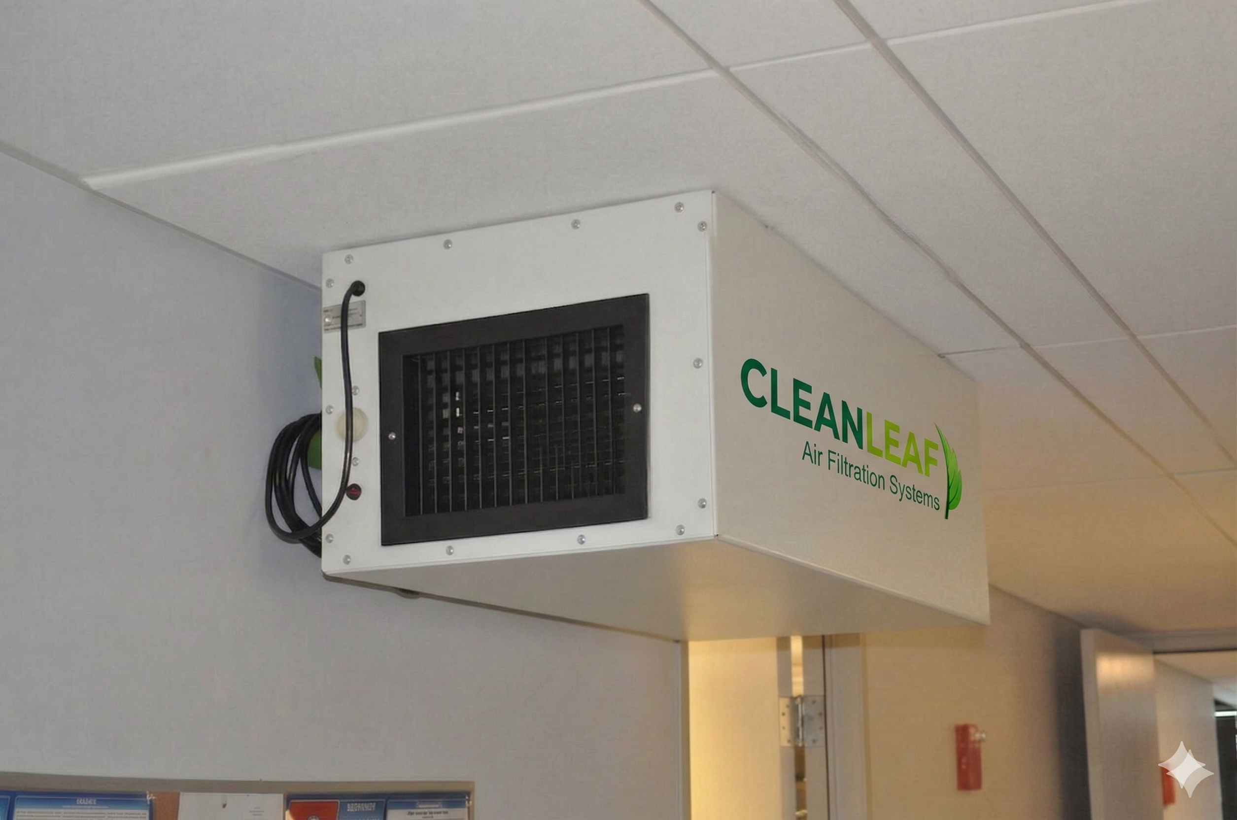 CleanLeaf air cleaner unit mounted overhead in a pet crematory processing area for ammonia and amine odor control.