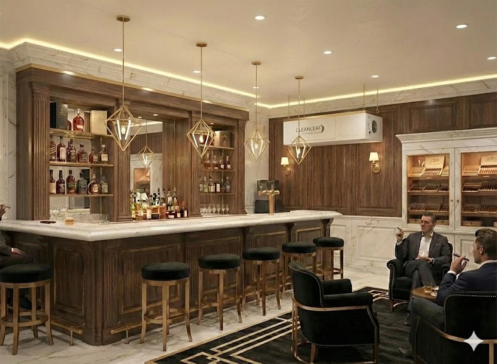 CleanLeaf air filtration unit controlling smoke and airborne particulate in a commercial cigar bar.
