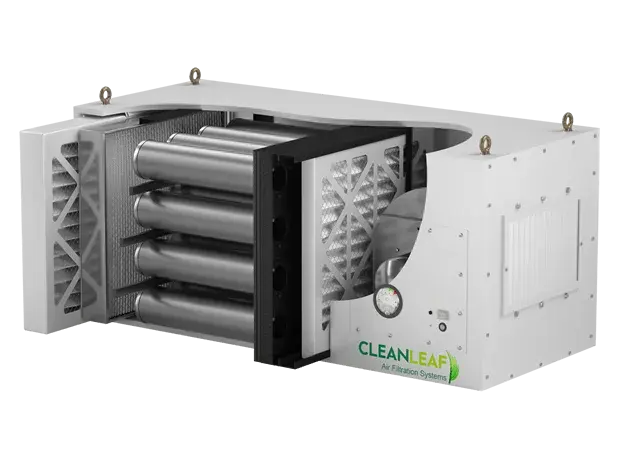 CleanLeaf commercial air filtration system with HEPA and activated carbon filters shown for replacement reference.